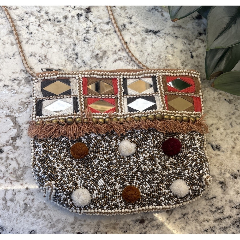 Revolve Riyaz Shashi Tribal Beaded Mirror Fringe Crossbody Shoulder Bag Boho